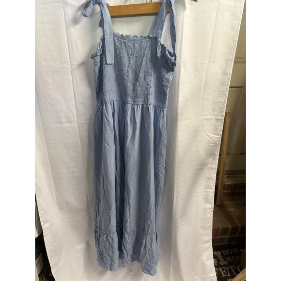 Women's Blue Nap Dress XXL Smocked Elastic‎ Top Shoulder Ties Viscose - Picture 7 of 7